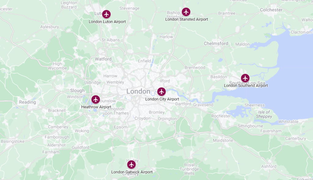 Londra havaalanlarını gösteren harita: Heathrow, Gatwick, Stansted, Luton, London City Airport, Southend