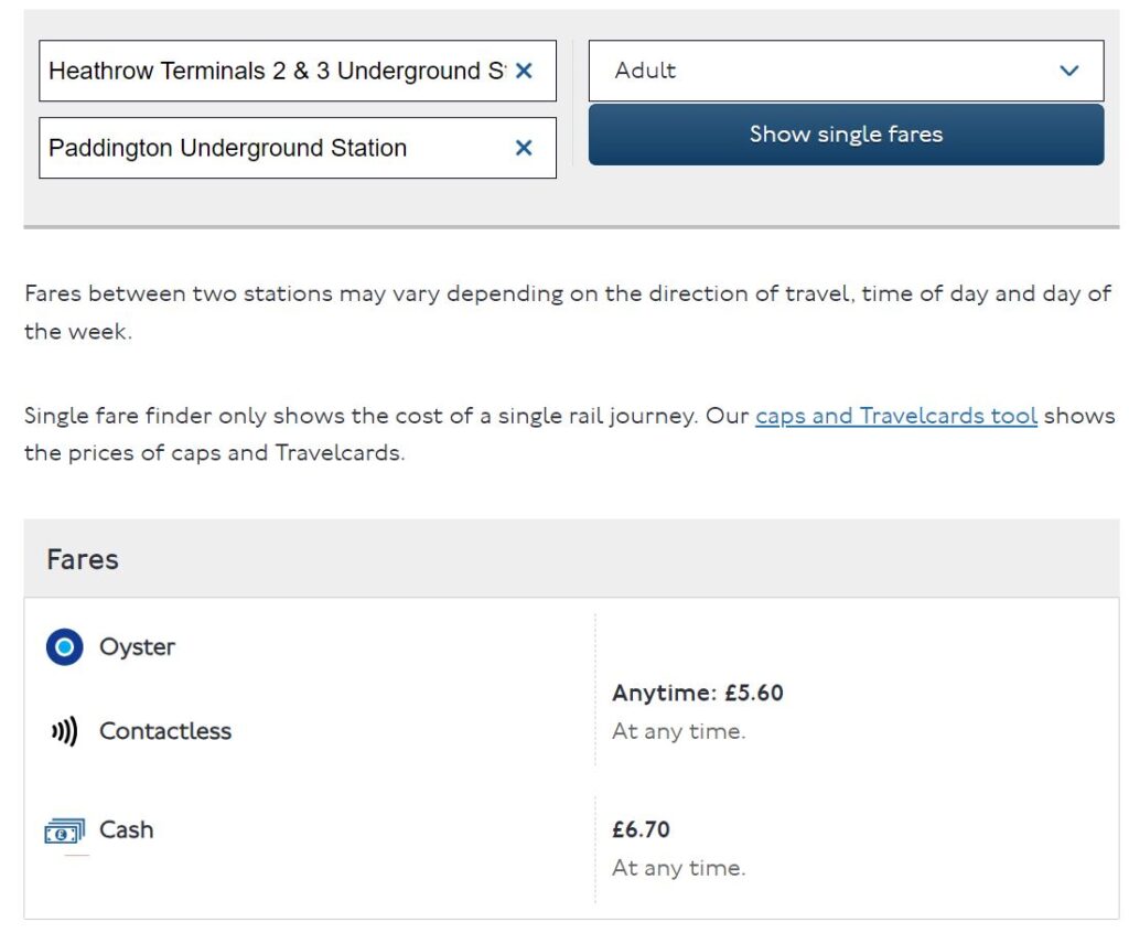 Heathrow Havaalanı-Paddington arası Piccadily Line ile ulaşım ücreti